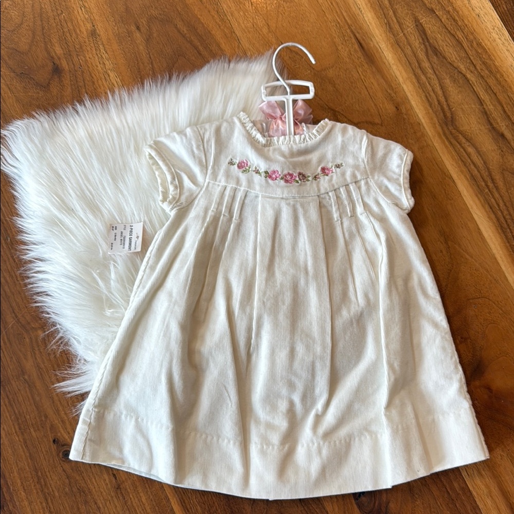 First Impressions Cream Dress with Pink Floral Detail